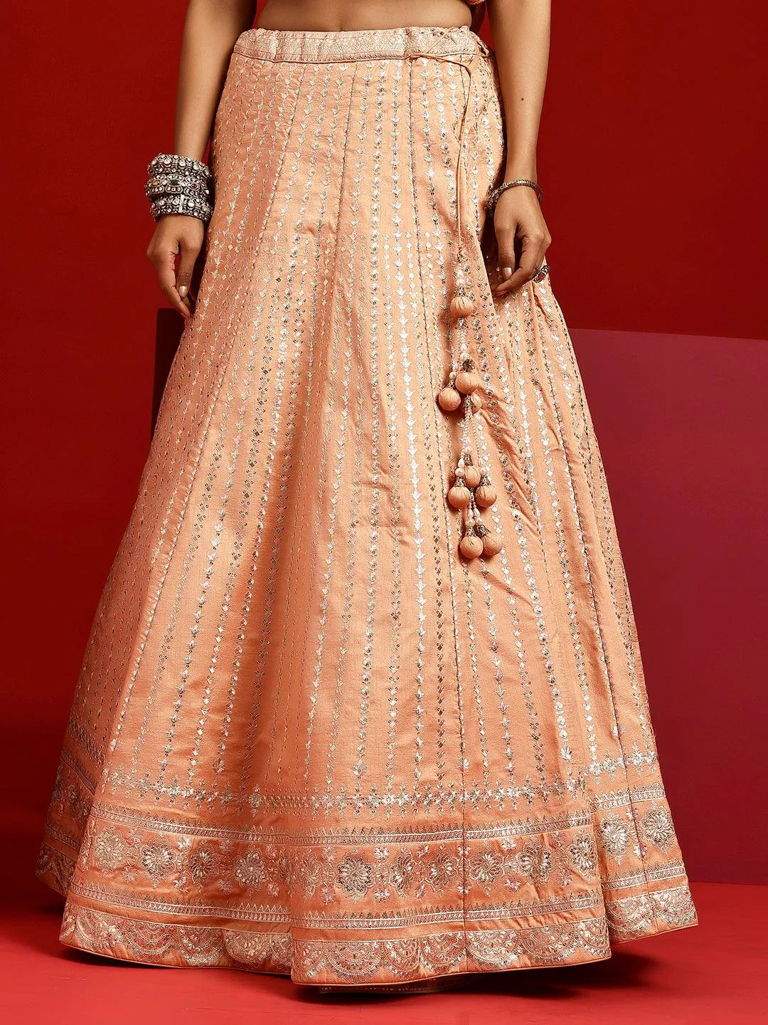 Jashvi Art Peach Embroidered Silk Blend Lehenga Set