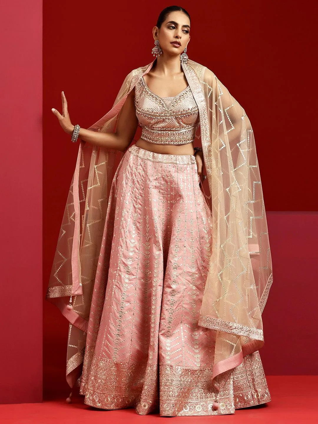 Jashvi Art Pink Embellished Silk Blend Lehenga Set