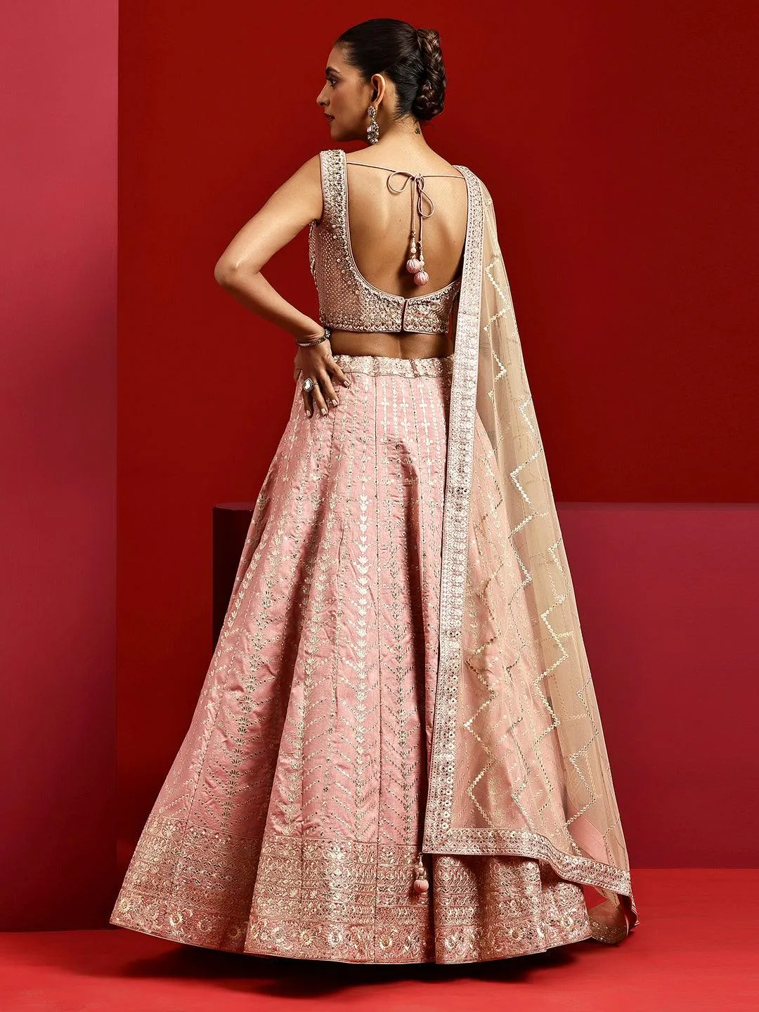 Jashvi Art Pink Embellished Silk Blend Lehenga Set