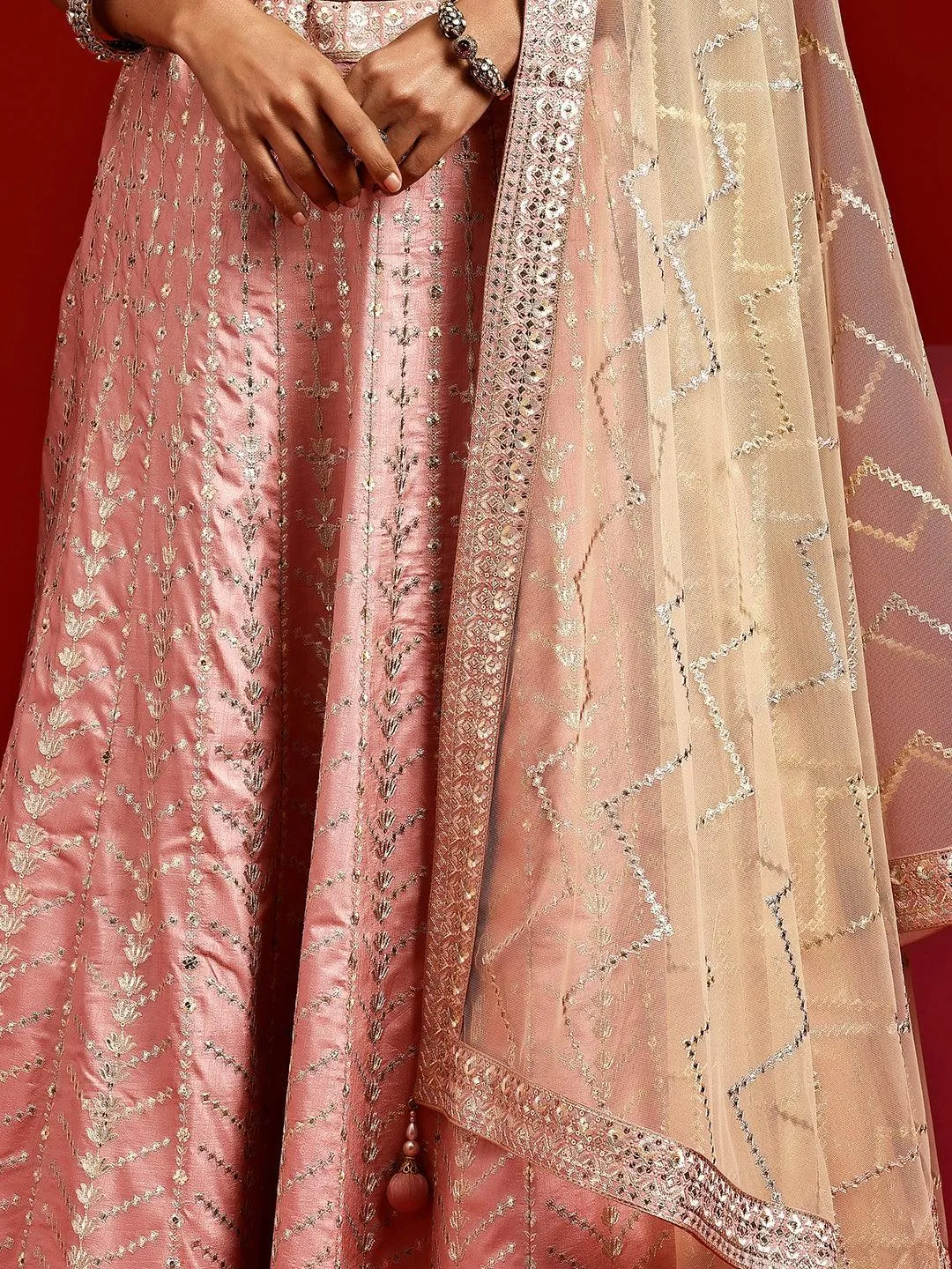 Jashvi Art Pink Embellished Silk Blend Lehenga Set