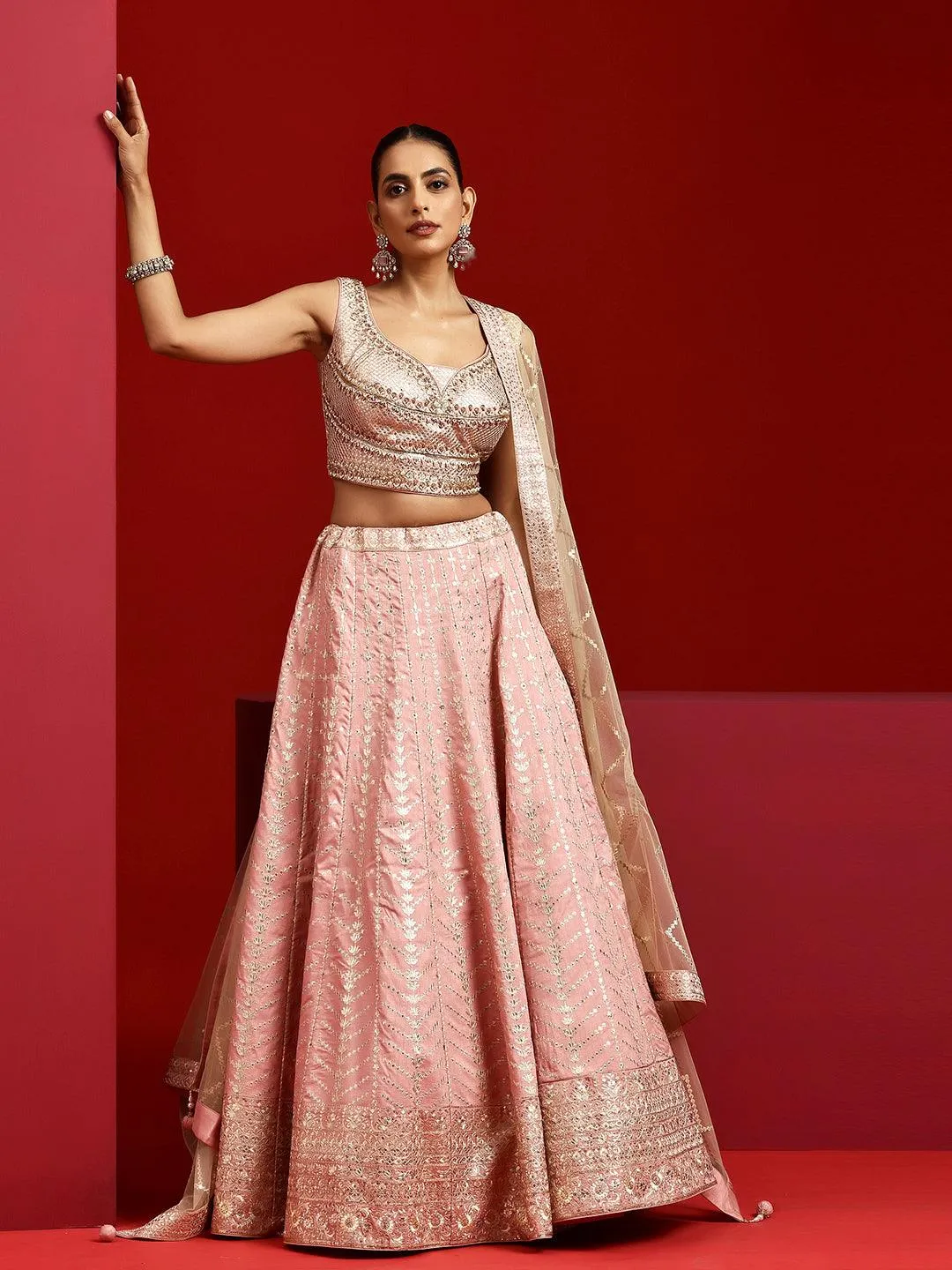 Jashvi Art Pink Embellished Silk Blend Lehenga Set