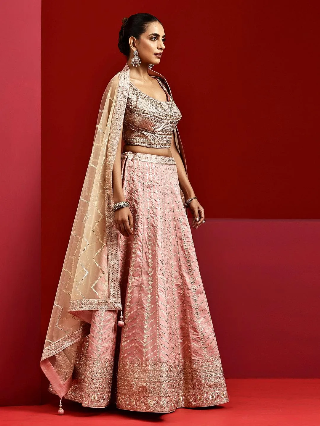 Jashvi Art Pink Embellished Silk Blend Lehenga Set