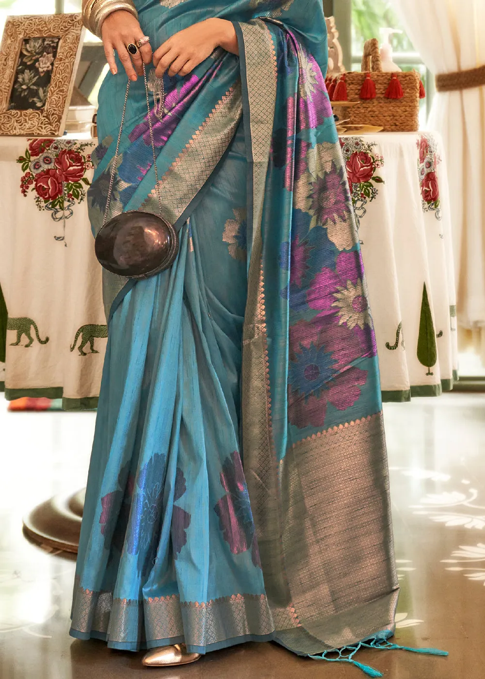 Jay Blue Multi Coloured Zari Handloom Weaving Silk Saree : Top Pick