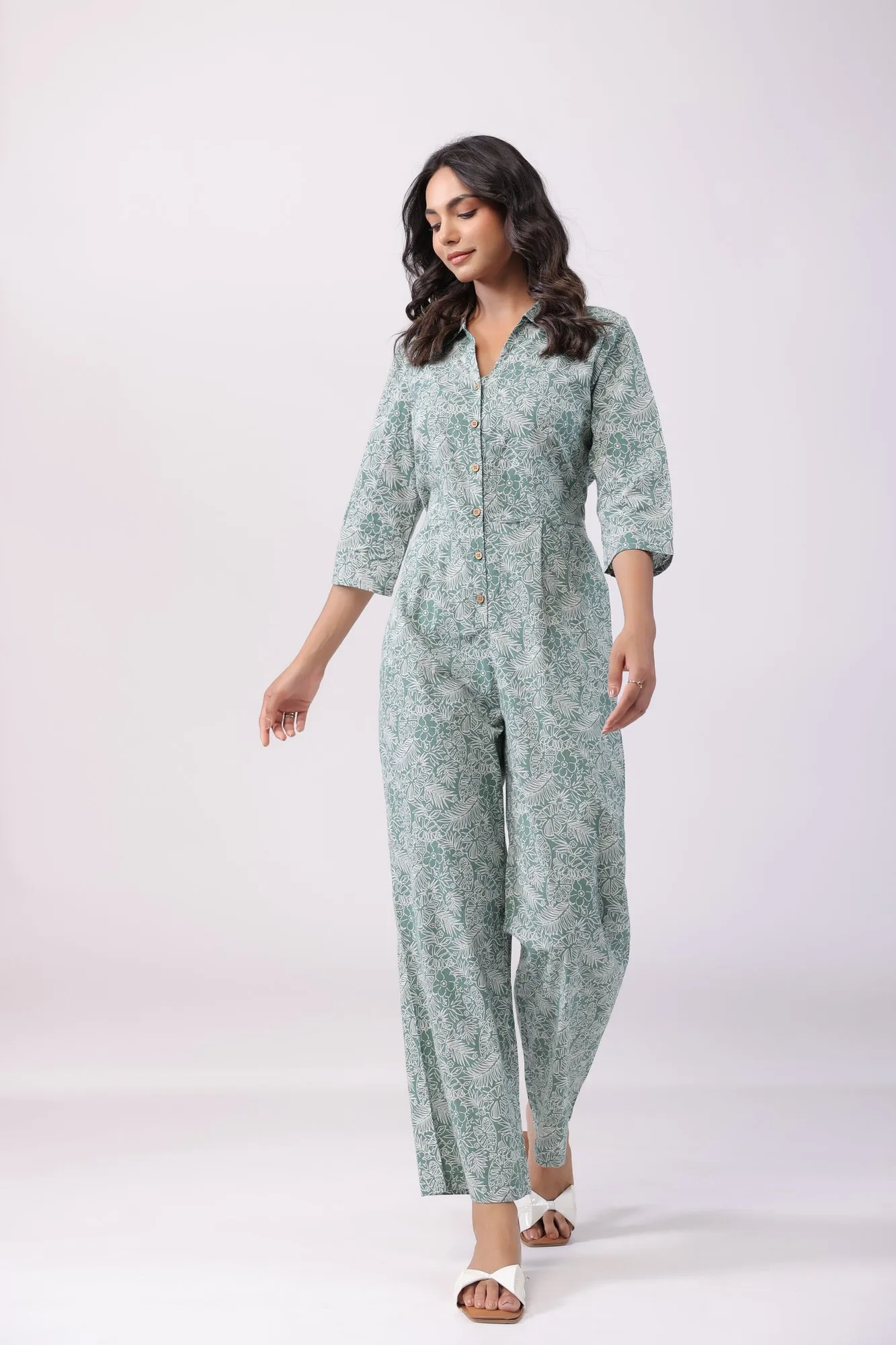 Leafy Fantasy Green Cotton Jumpsuit