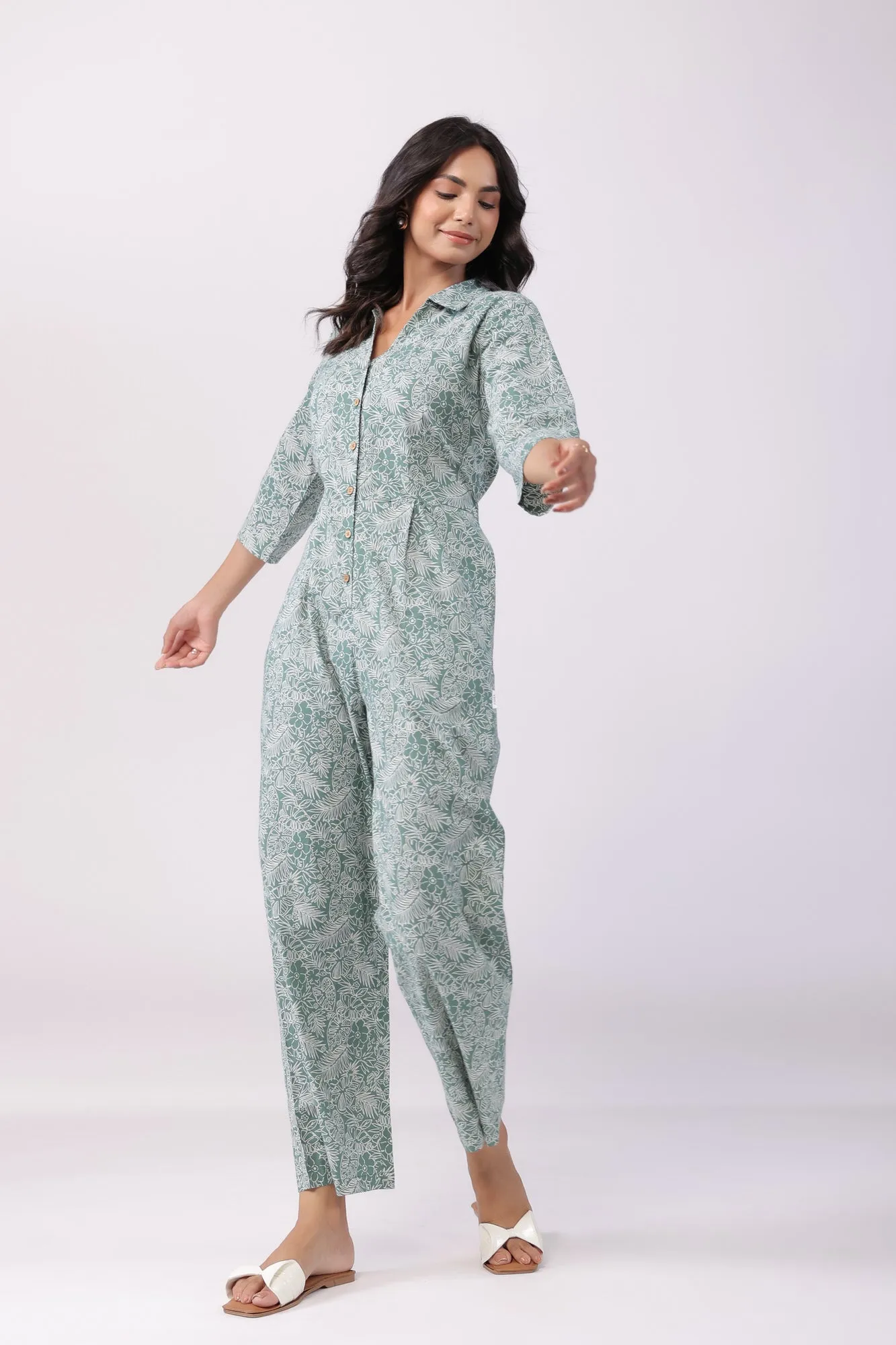 Leafy Fantasy Green Cotton Jumpsuit