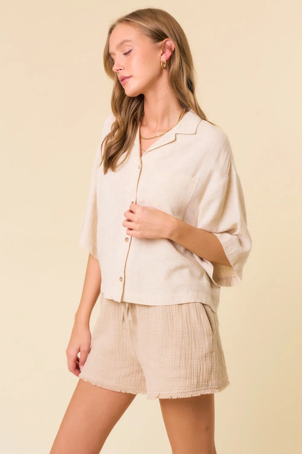 Linen Blend Notched Collar Short Sleeve Crop Shirt