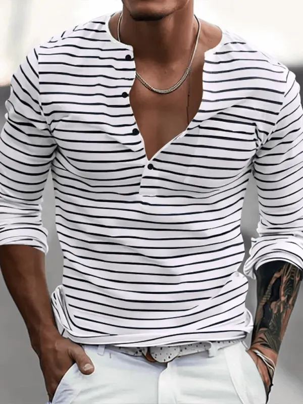 Long-Sleeve Horizontal Striped Henley T-Shirt