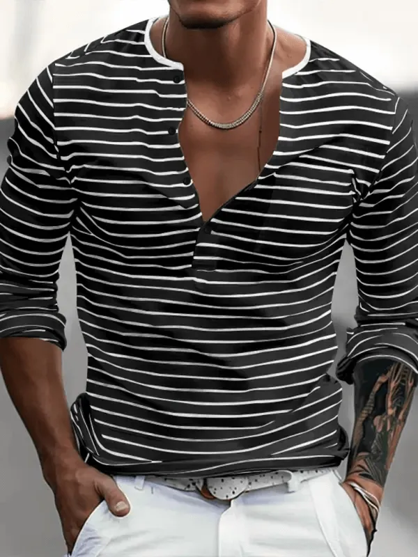 Long-Sleeve Horizontal Striped Henley T-Shirt