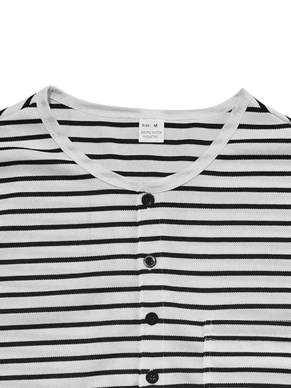 Long-Sleeve Horizontal Striped Henley T-Shirt