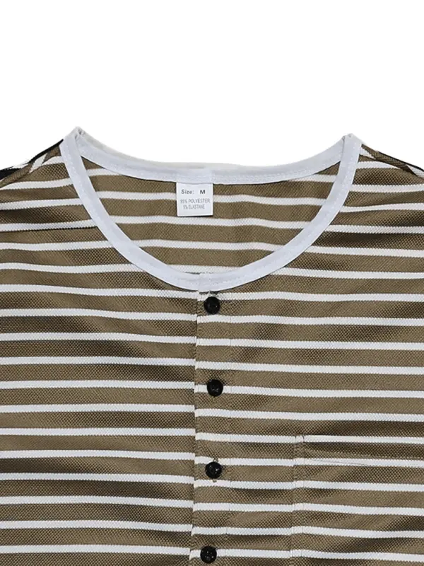 Long-Sleeve Horizontal Striped Henley T-Shirt