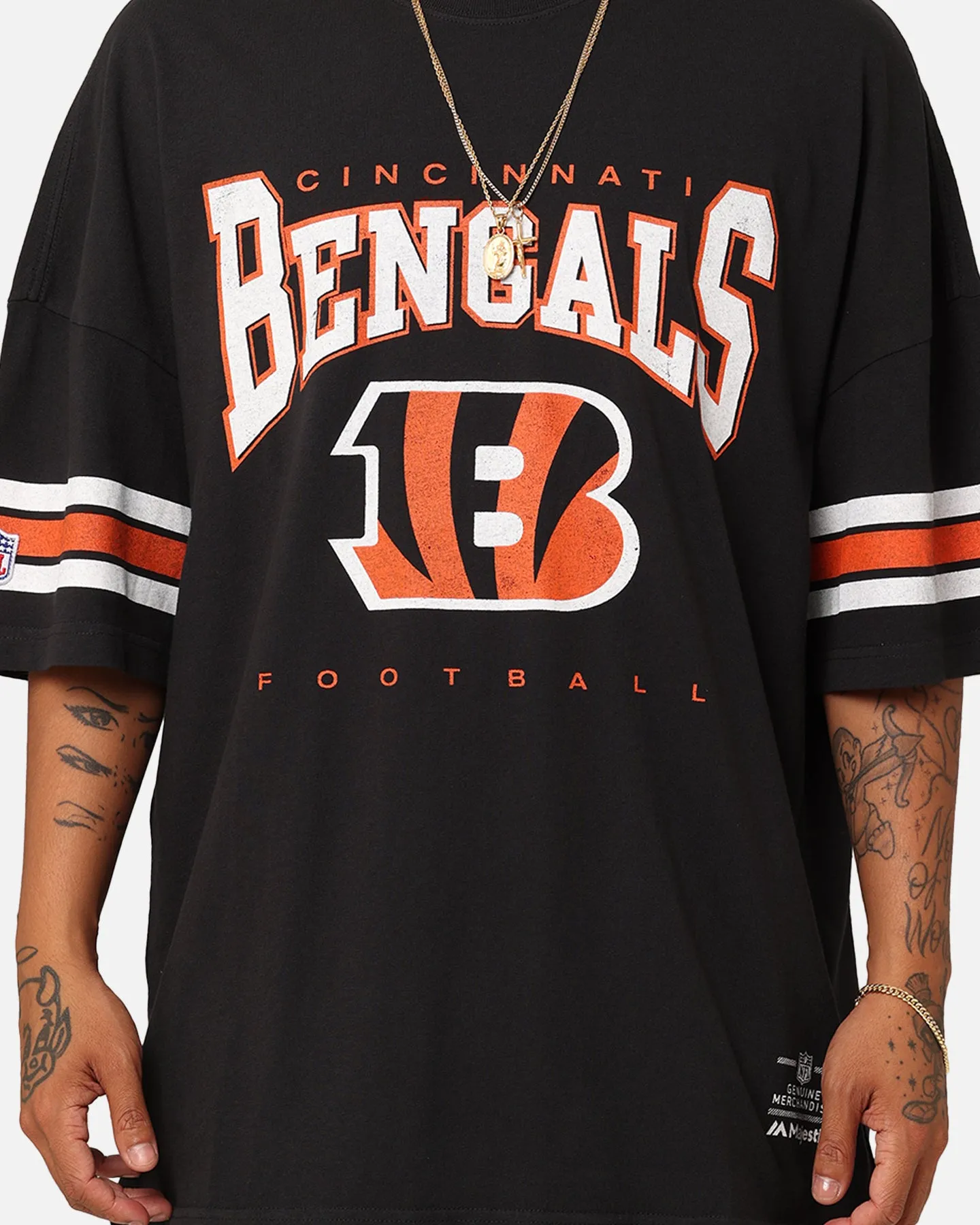 Majestic Athletic Cincinnati Bengals Vintage Sport Striped Sleeve T-Shirt Faded Black