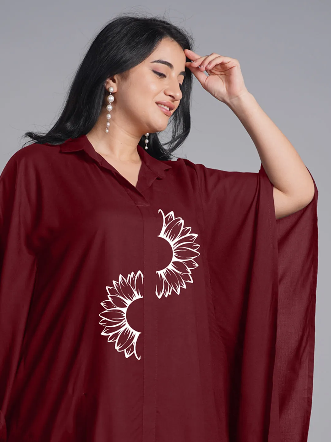 Maroon Rayon Shirt-Kaftan - Halves