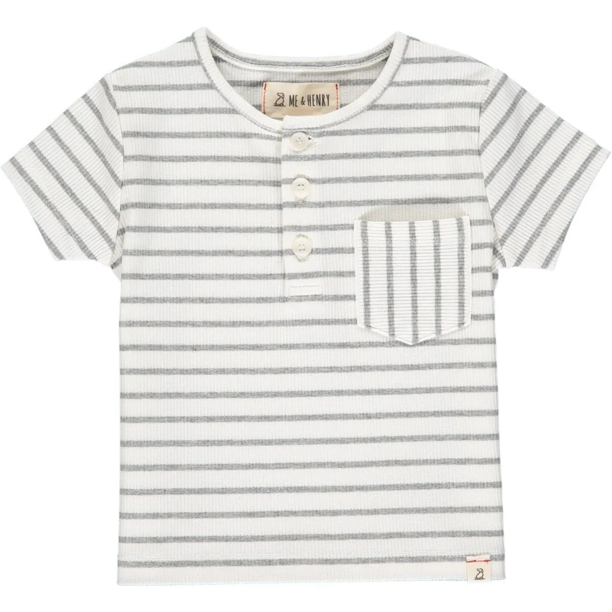 Me & Henry Grey & White Ribbed Stripe Dodger Henley S/S Shirt