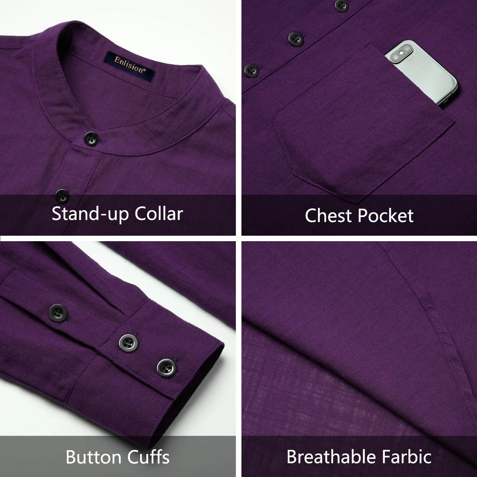 Men‘s Henley Shirt Cotton with Pocket - PURPLE