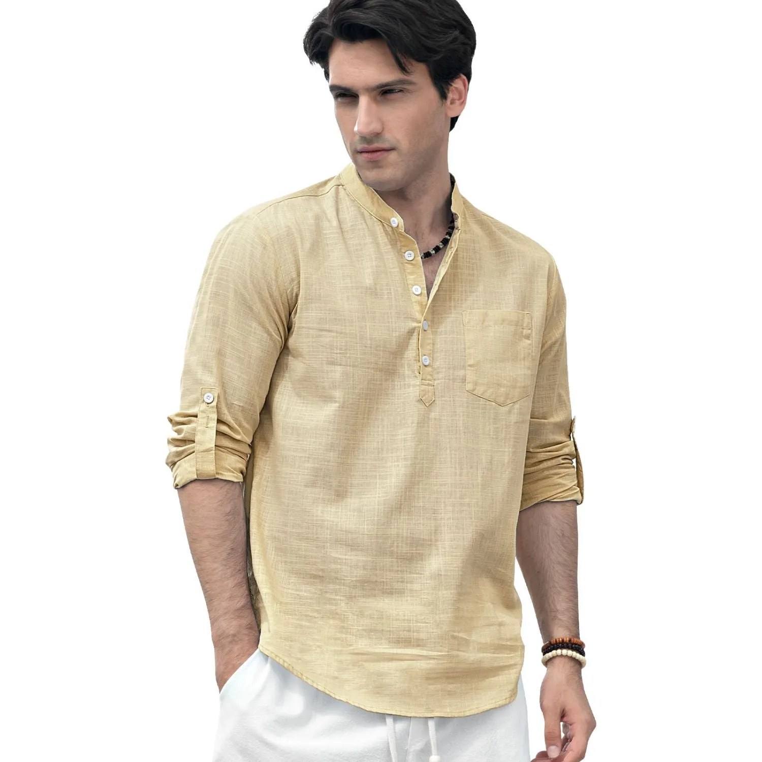 Men‘s Henley Shirt Lightweight with Pocket - BEIGE