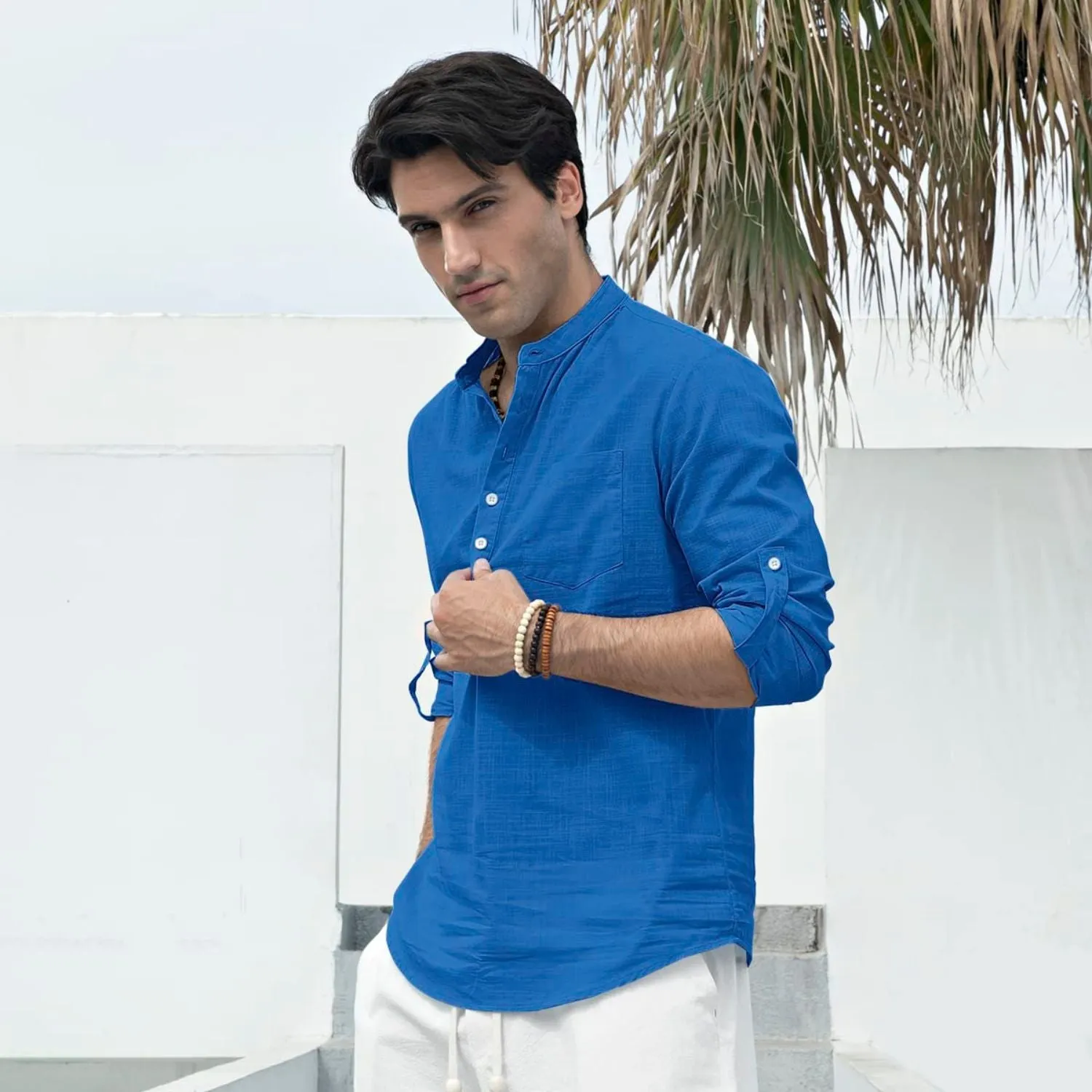 Men‘s Henley Shirt Long Sleeve with Pocket - BLUE