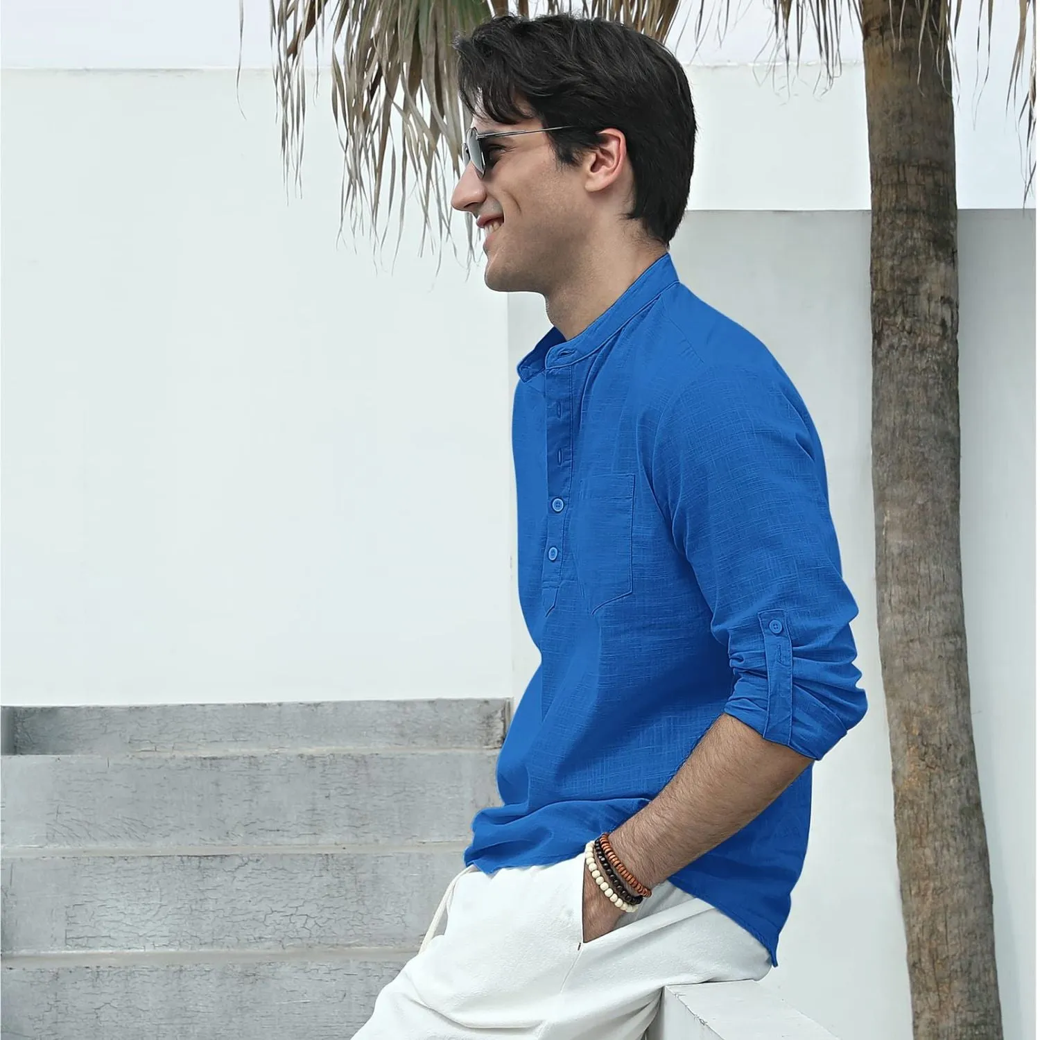 Men‘s Henley Shirt Long Sleeve with Pocket - BLUE