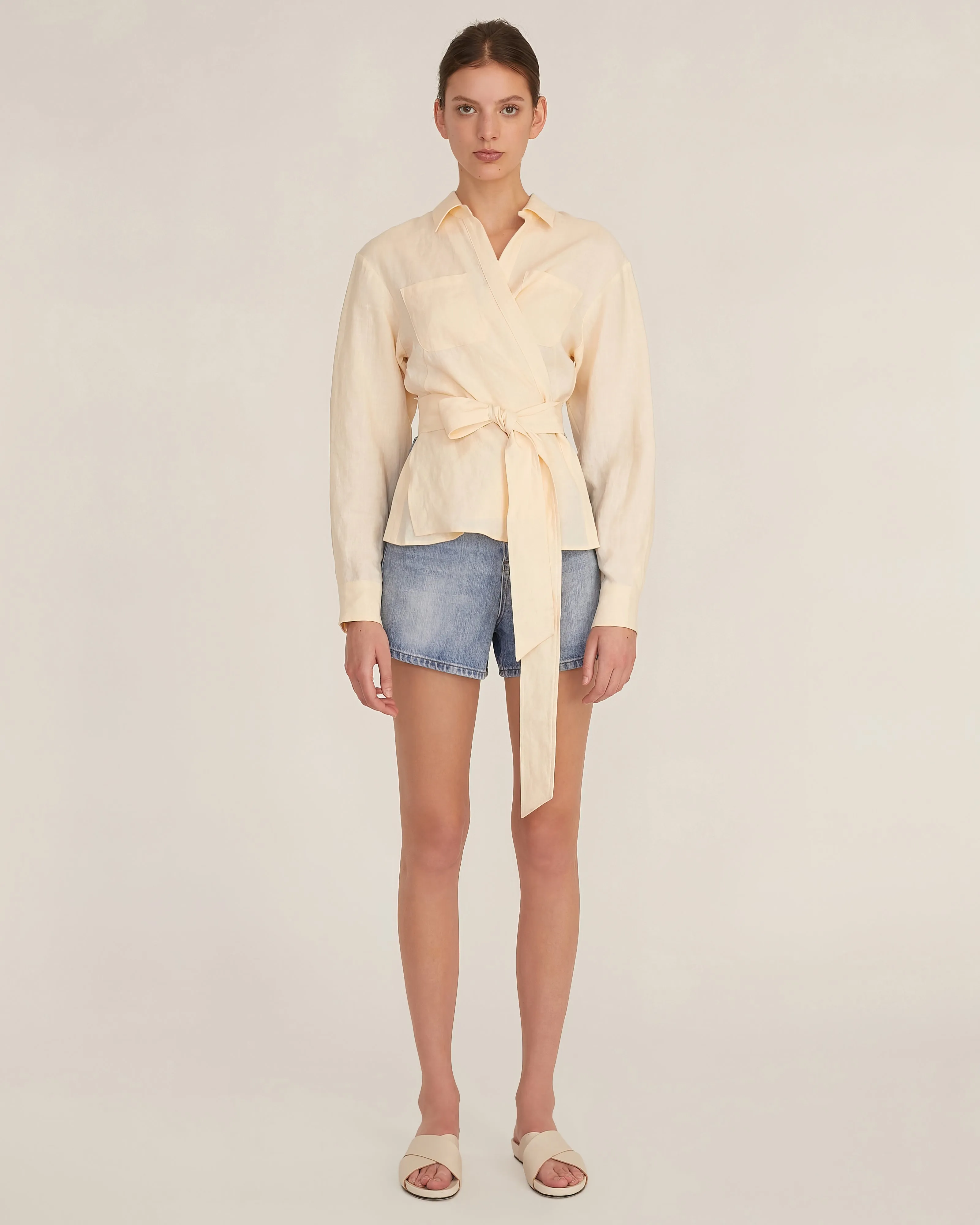 Mila Linen Wrap Front Shirt in Custard