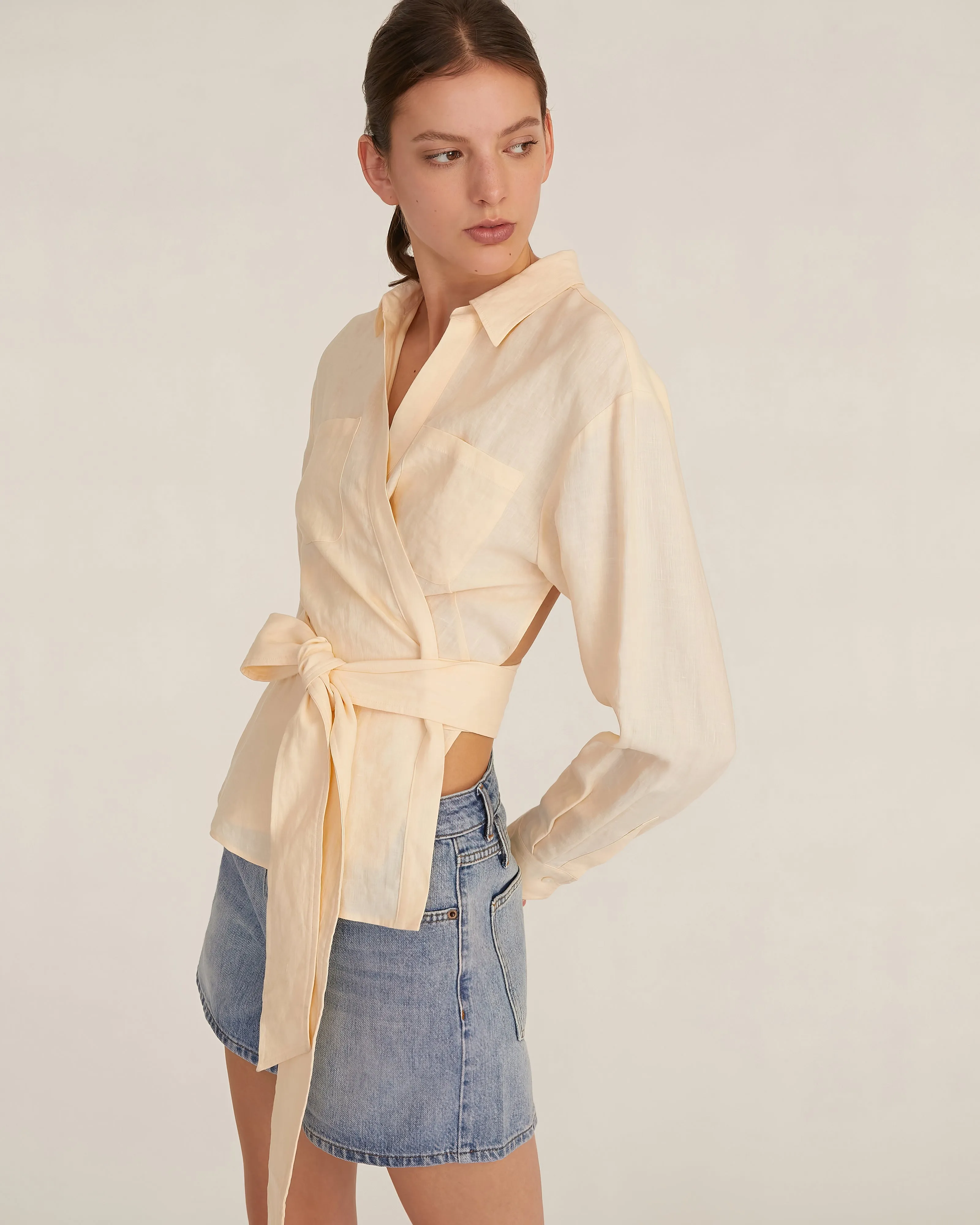 Mila Linen Wrap Front Shirt in Custard