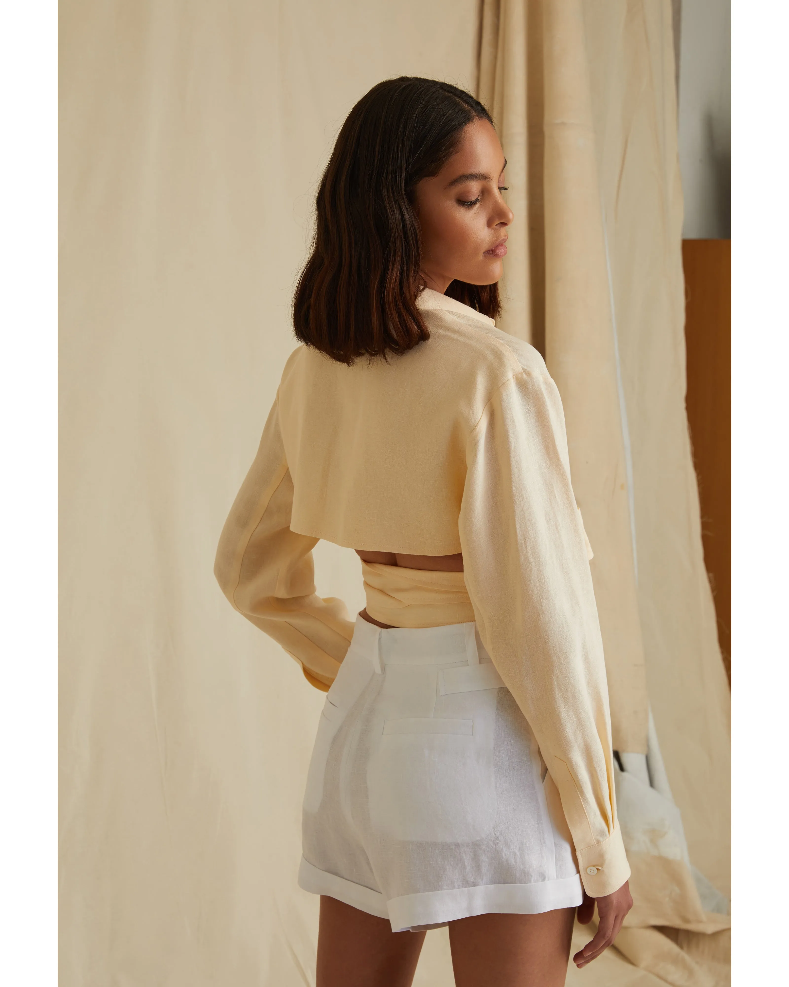 Mila Linen Wrap Front Shirt in Custard