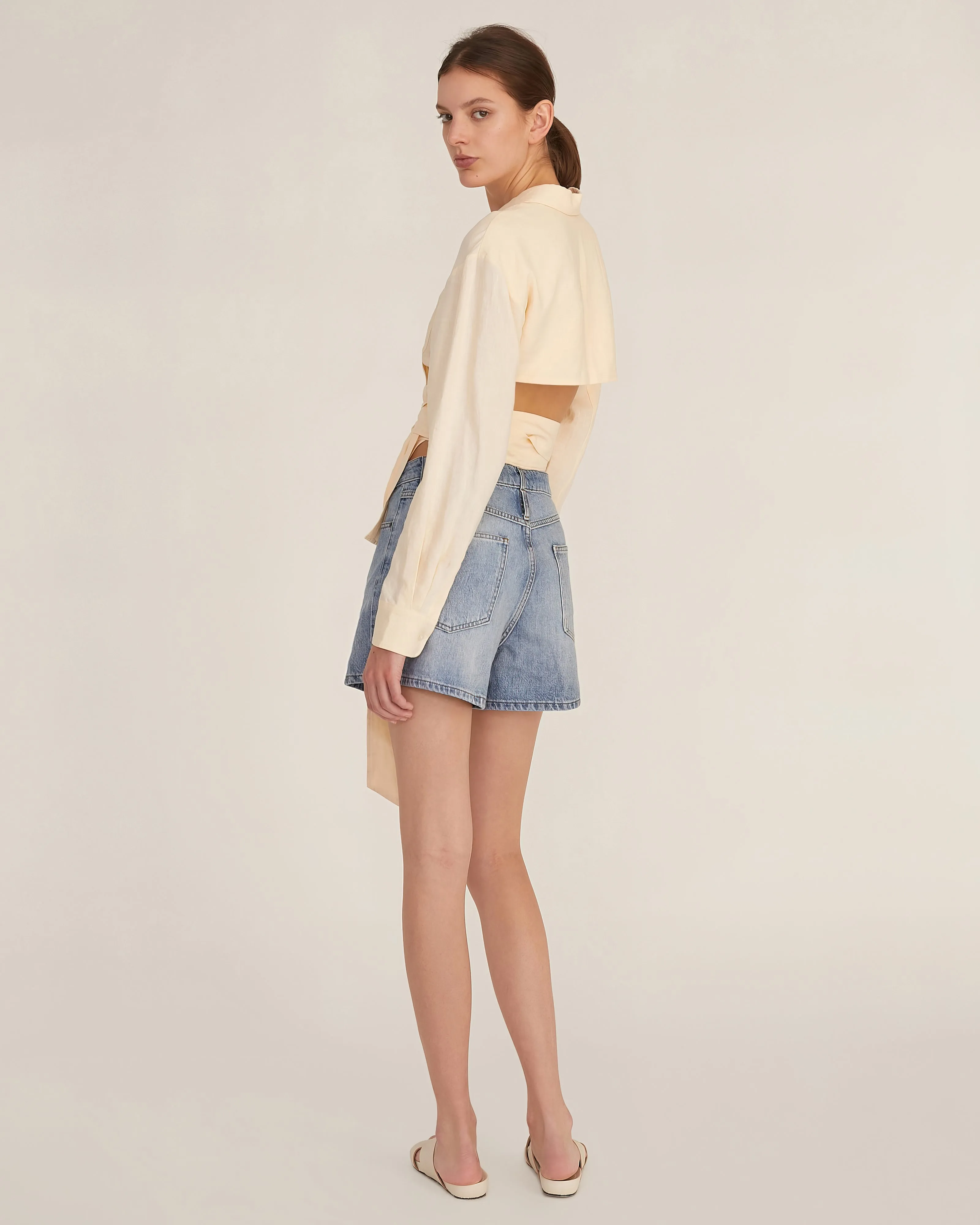 Mila Linen Wrap Front Shirt in Custard