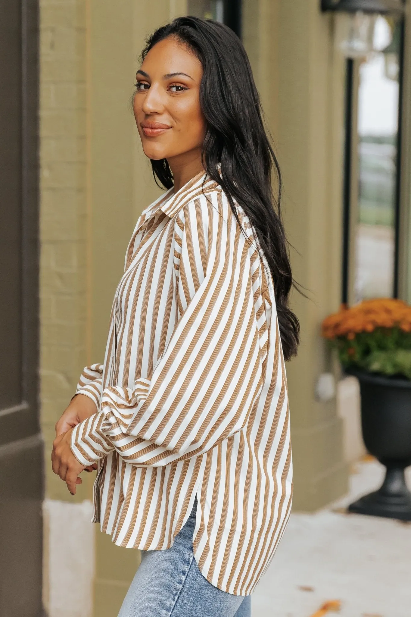 Muse By Magnolia Camel Striped Button Down Shirt - FINAL SALE