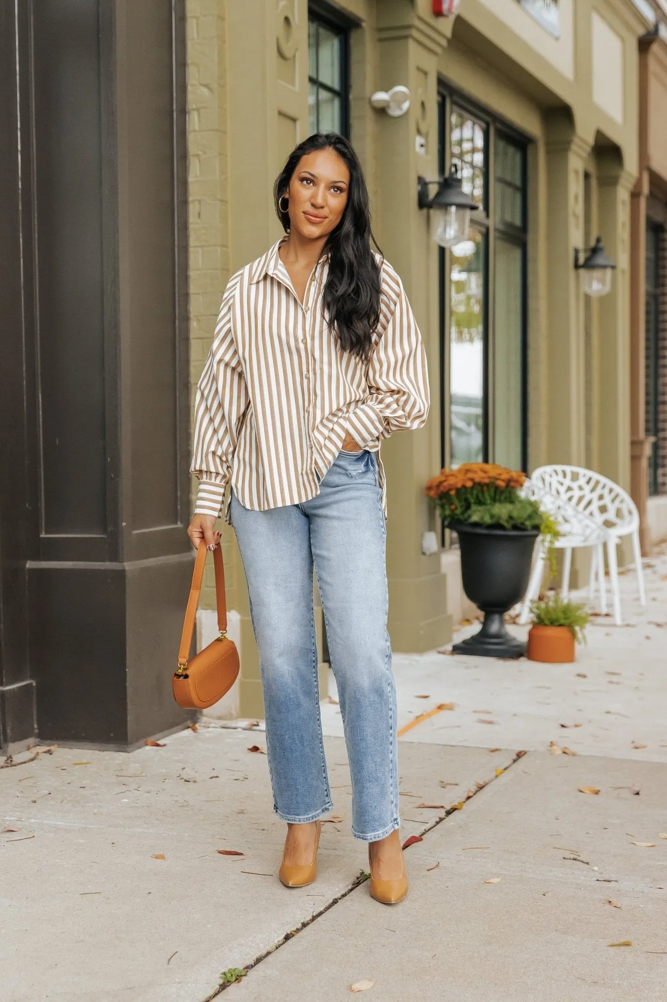 Muse By Magnolia Camel Striped Button Down Shirt - FINAL SALE