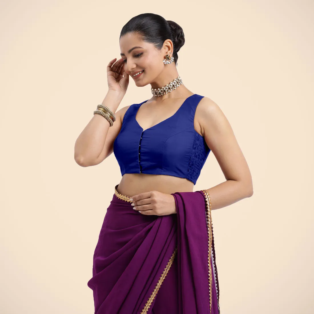 Nazia x Rozaana | Cobalt Blue Sleeveless FlexiFit™ Saree Blouse with Front Open Curved V Neckline with Deep Back and Dori