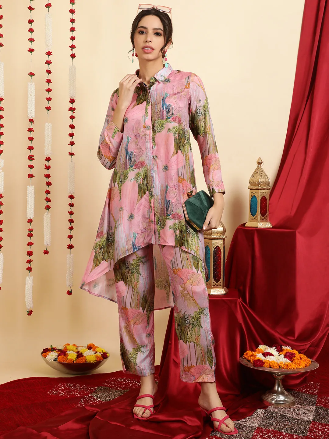 Pink Printed Muslin Shirt With Palazzo Co-ord Set