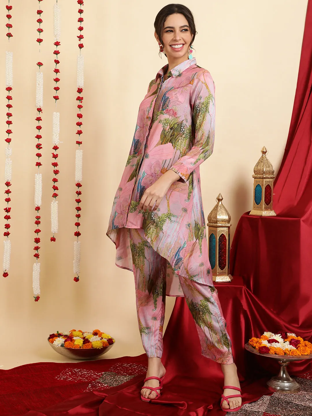 Pink Printed Muslin Shirt With Palazzo Co-ord Set