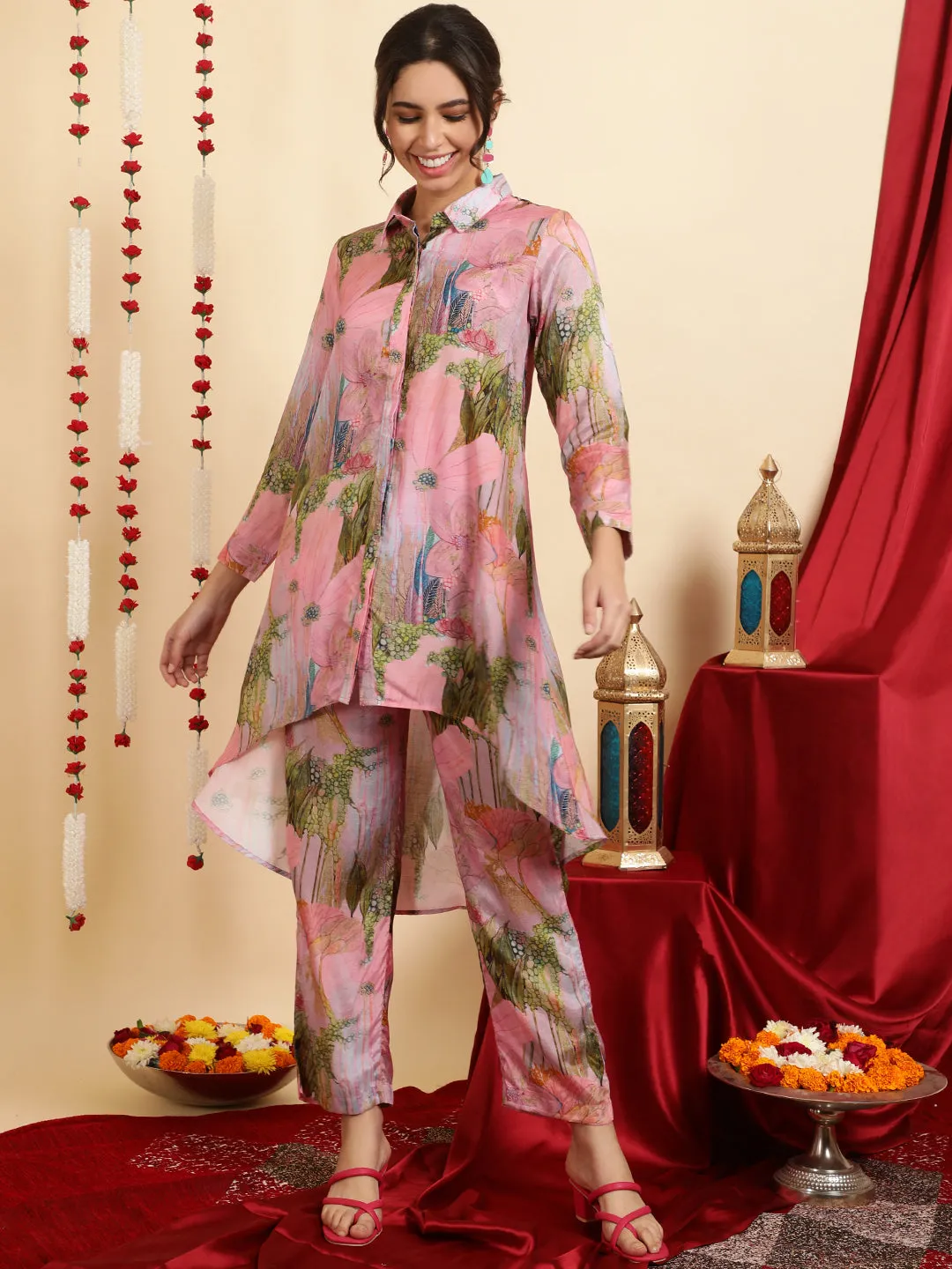 Pink Printed Muslin Shirt With Palazzo Co-ord Set