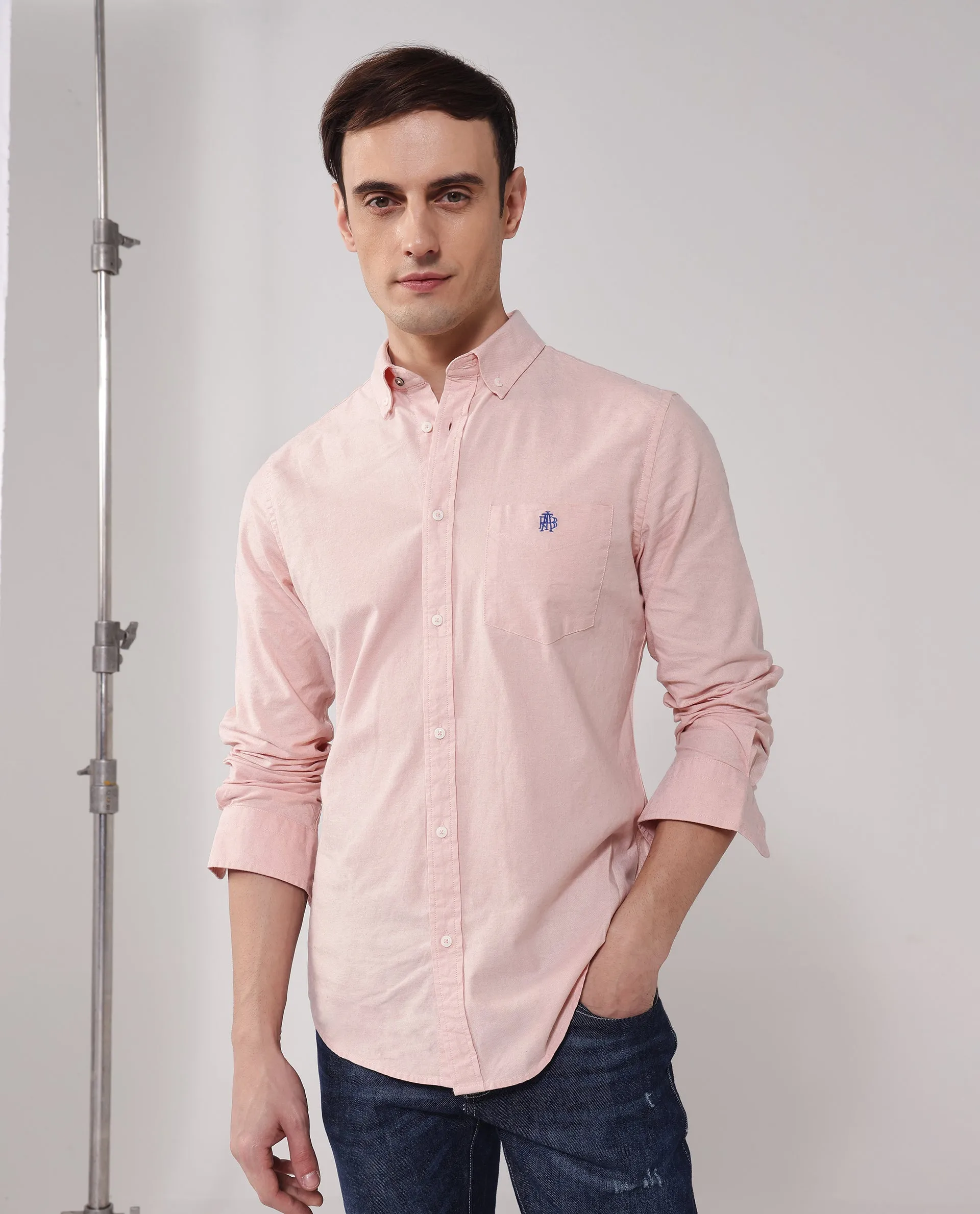 Rare Rabbit Men Oxob Pastel Peach Full Sleeve Collared Neck Button Closure Regular Fit Plain Shirt