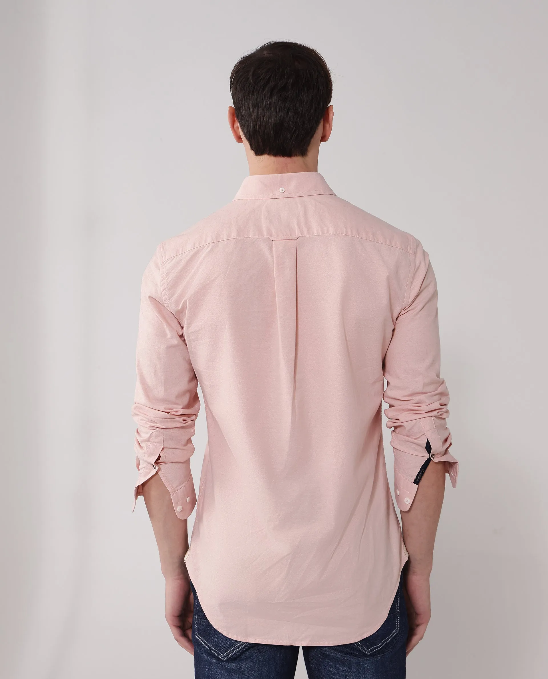 Rare Rabbit Men Oxob Pastel Peach Full Sleeve Collared Neck Button Closure Regular Fit Plain Shirt