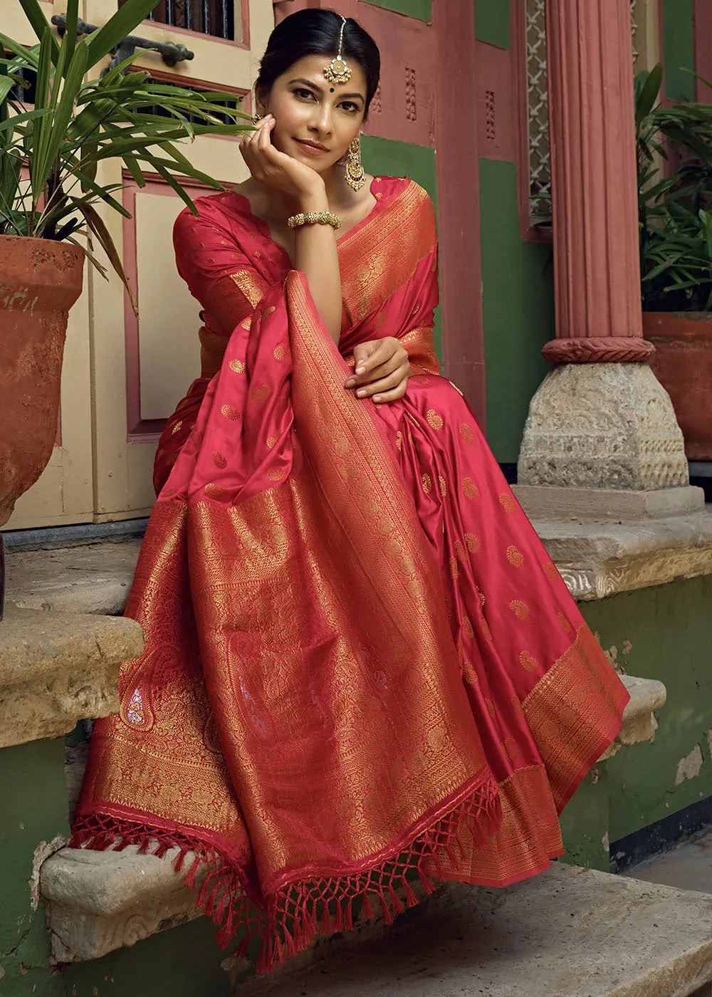 Reddish Pink Woven Designer Satin Silk Saree