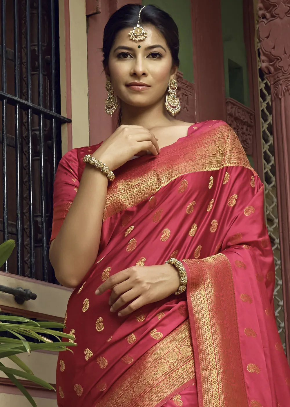 Reddish Pink Woven Designer Satin Silk Saree