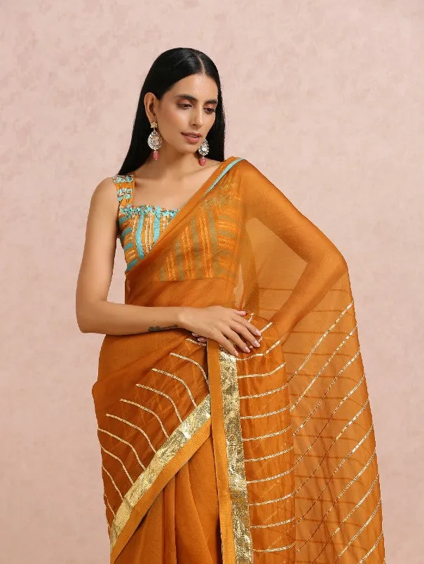 Rust Gota Work Organza Silk Saree With Sleeveless Blouse (Set of 2)