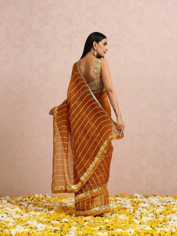 Rust Gota Work Organza Silk Saree With Sleeveless Blouse (Set of 2)