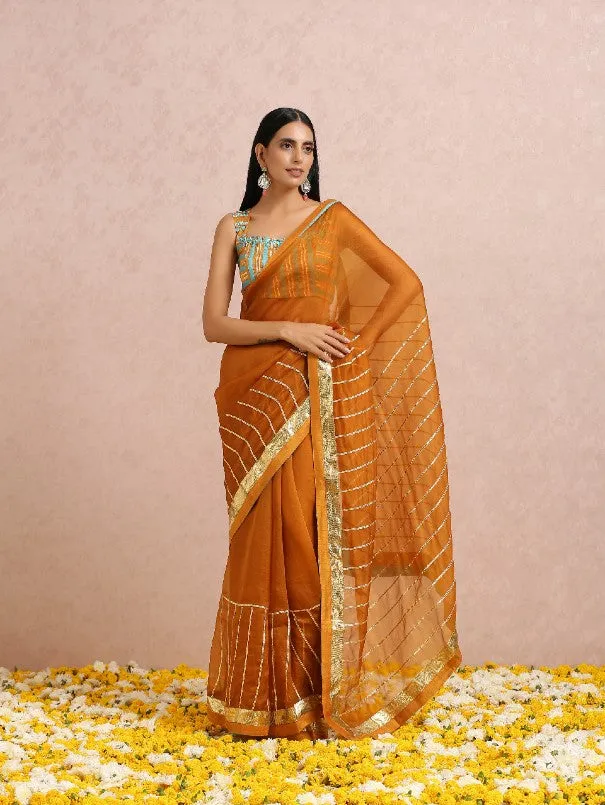 Rust Gota Work Organza Silk Saree With Sleeveless Blouse (Set of 2)