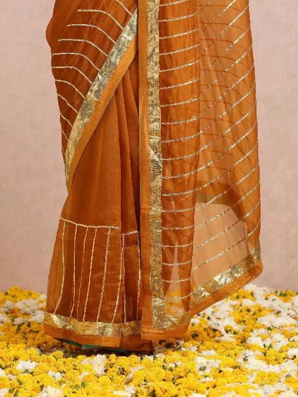 Rust Gota Work Organza Silk Saree With Sleeveless Blouse (Set of 2)