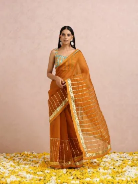 Rust Gota Work Organza Silk Saree With Sleeveless Blouse (Set of 2)