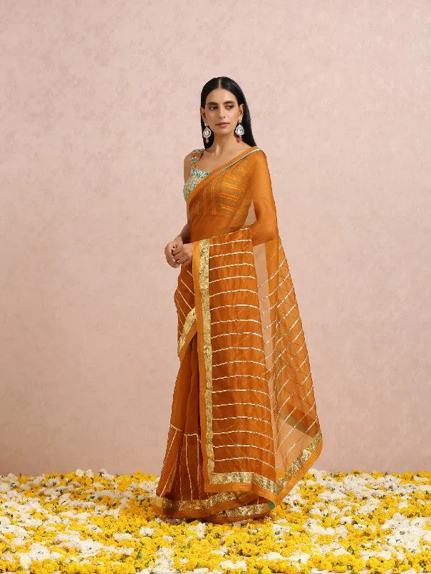 Rust Gota Work Organza Silk Saree With Sleeveless Blouse (Set of 2)