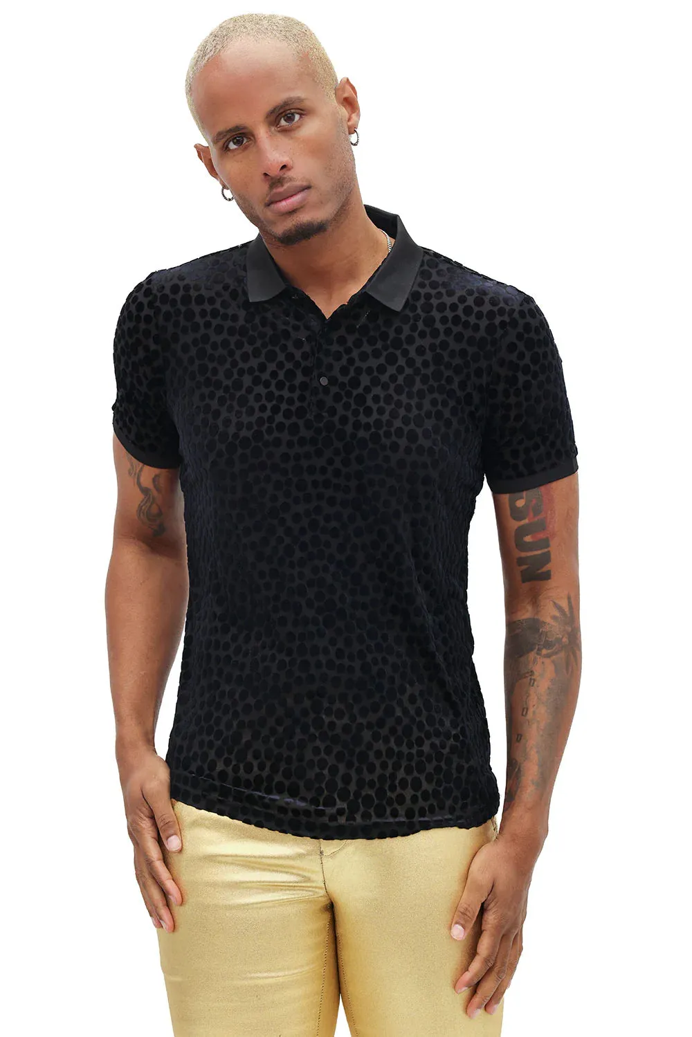 Sheer Elegance Polka Velvet Short Sleeve Polo