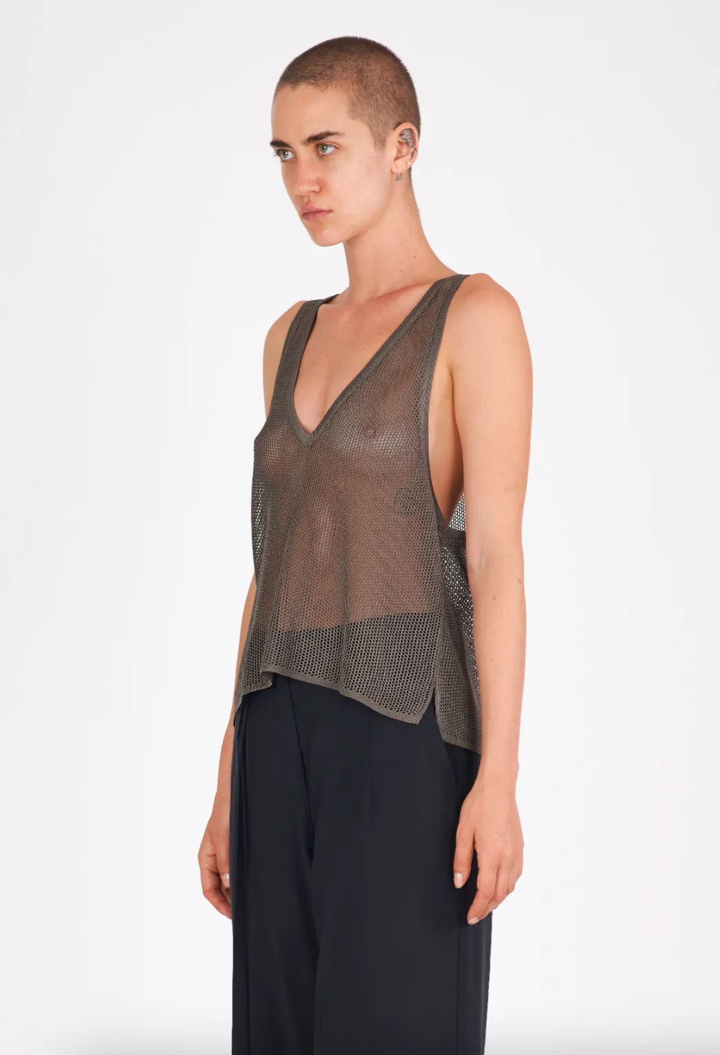 Shiny Viscose Mesh V Neck Tank - Mud