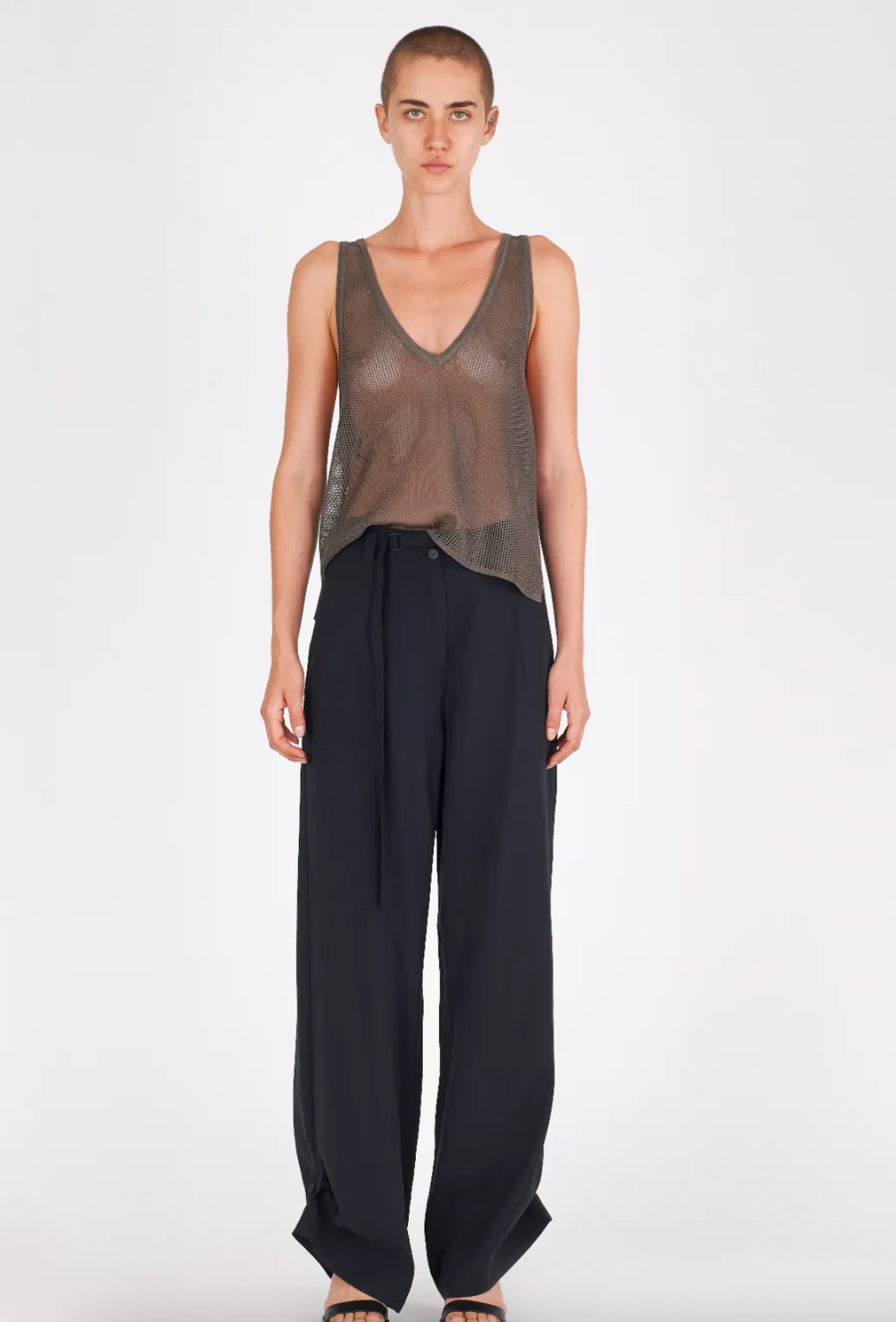 Shiny Viscose Mesh V Neck Tank - Mud