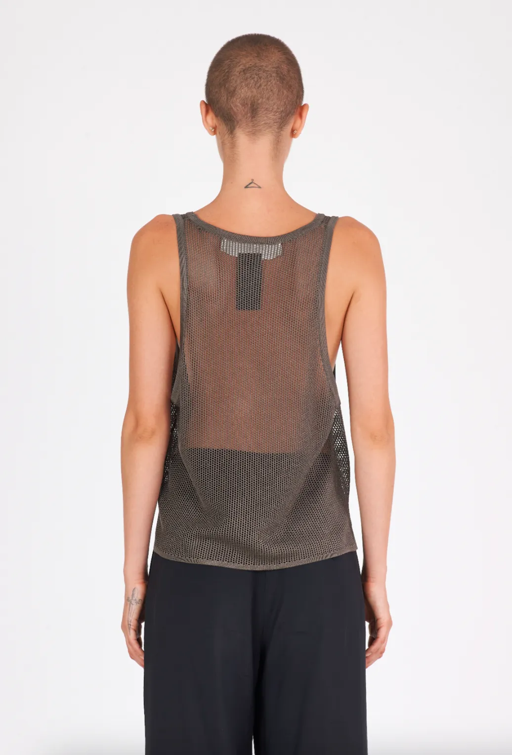 Shiny Viscose Mesh V Neck Tank - Mud