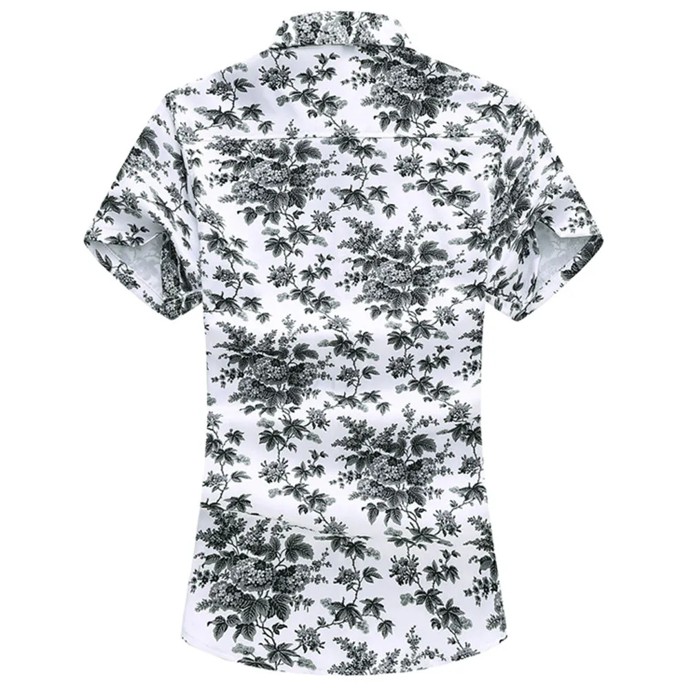 Slim Fit Grey Small Leaves Blooming Shirt White