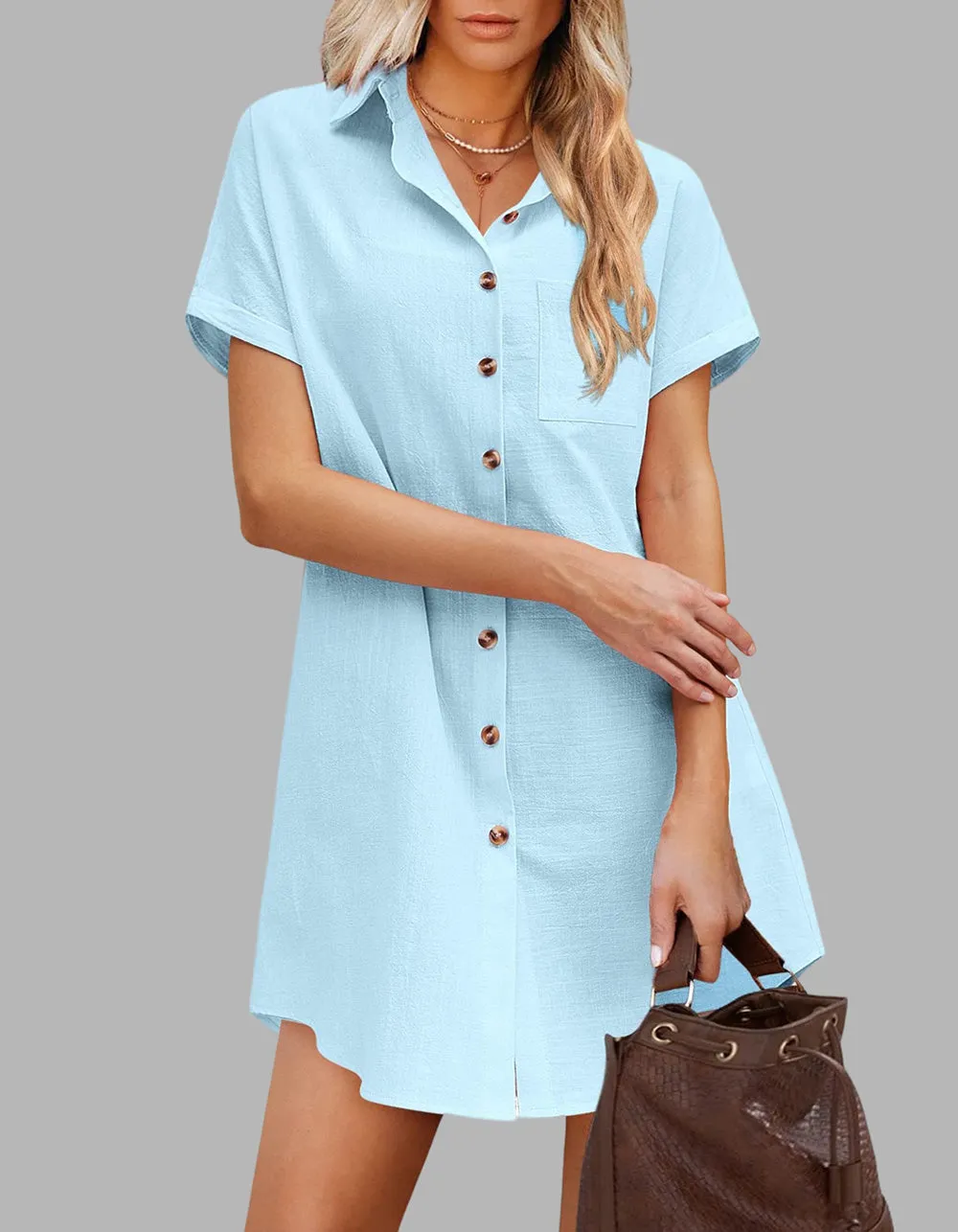 Solid-color Lapel Button Pocket Short Sleeve Linen Shirt