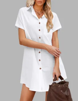 Solid-color Lapel Button Pocket Short Sleeve Linen Shirt