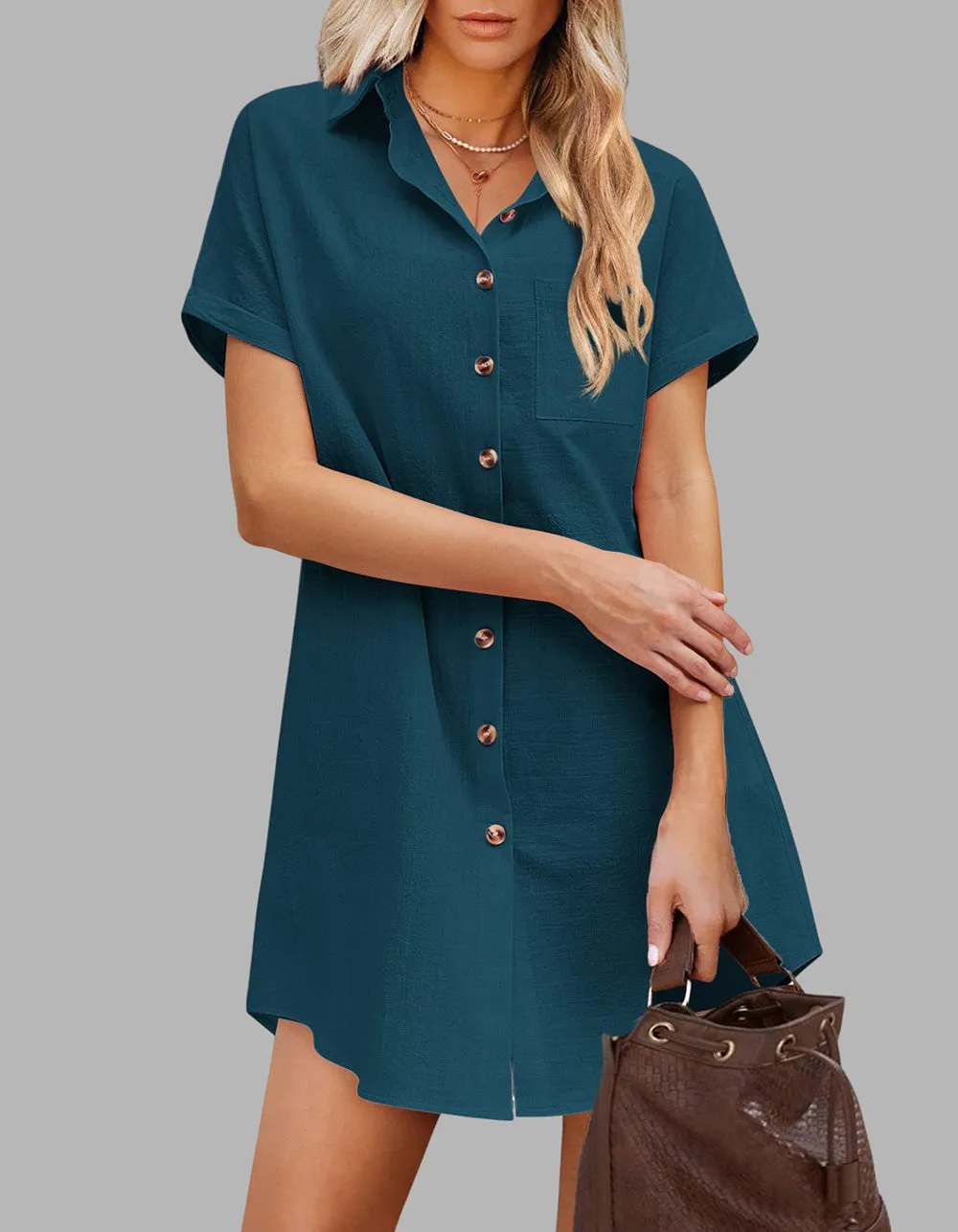 Solid-color Lapel Button Pocket Short Sleeve Linen Shirt