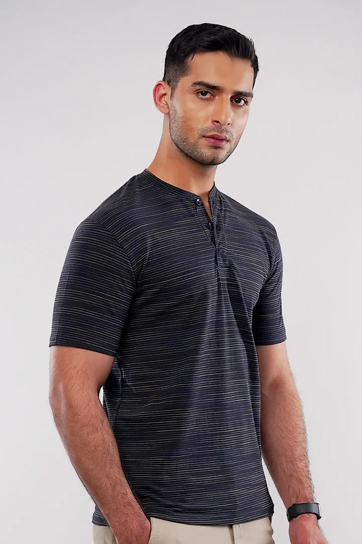 Textured Henley T-Shirt - Navy Blue